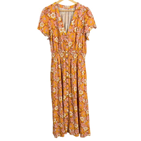 Marine Layer Orange Floral Maxi Dress Pockets Boho V-Neck Short Sleeve Size XL - Picture 1 of 8